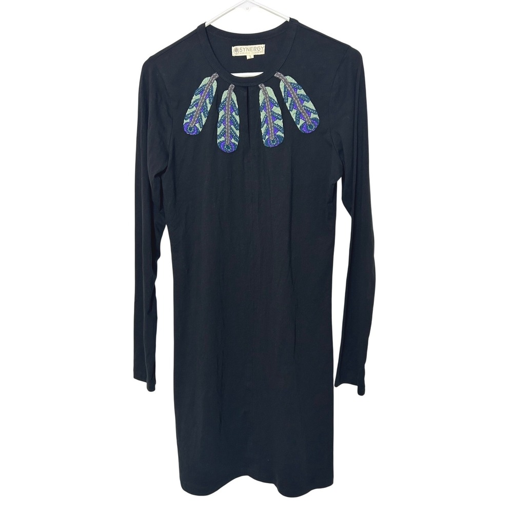 Synergy Mini Dress Women L Black Organic Cotton Feather Embroidered Boho Tunic